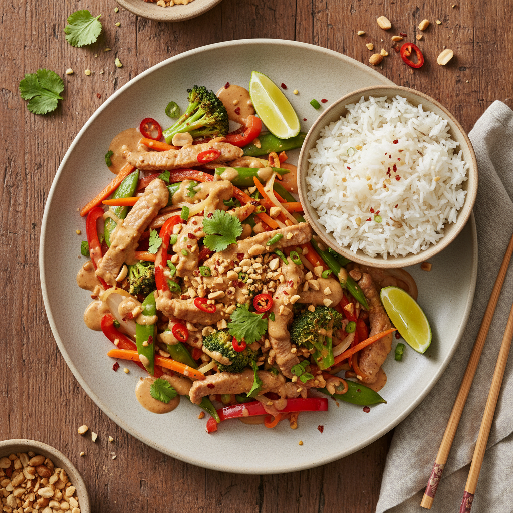 Thailändsk Fläskfilé Wok med Jordnötssås och Jasminris