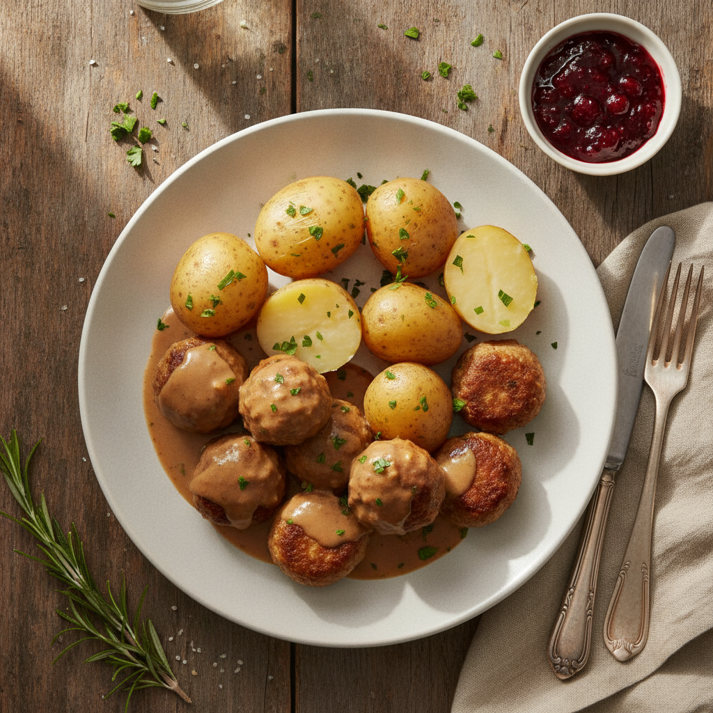 Glutenfria Köttbullar med Gräddsås, Potatis och Lingonsylt