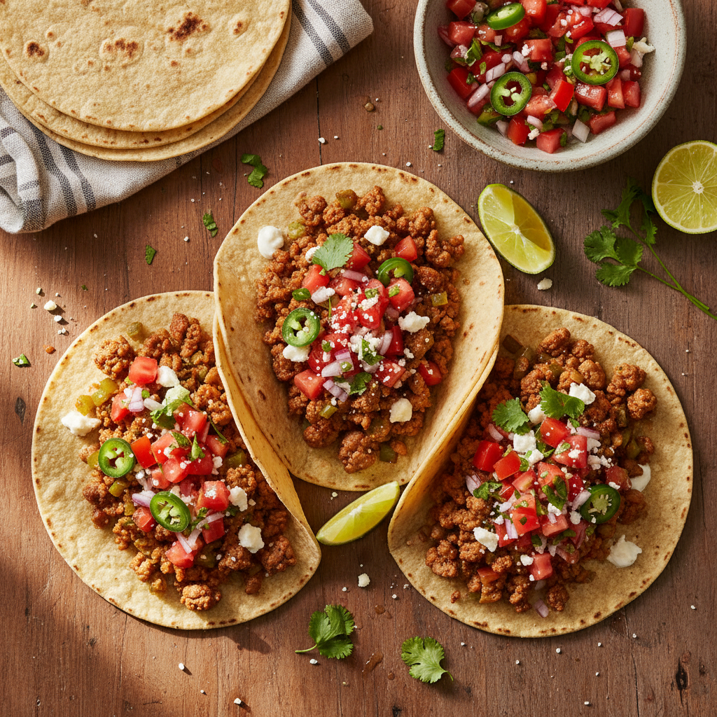 Smakrika tacos med fläskfärs och färsk Pico de Gallo