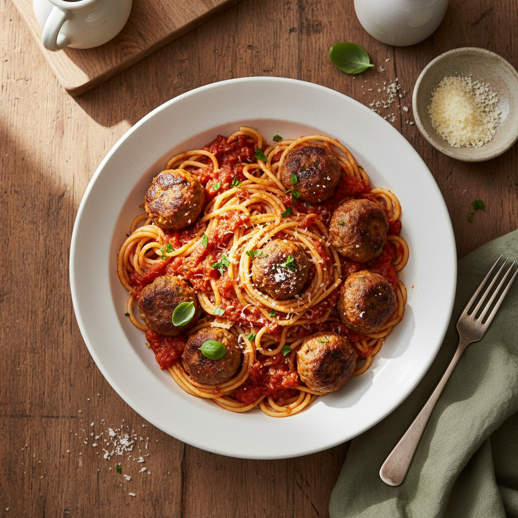 Italienska Köttbullar i Mustig Tomatsås med Pasta