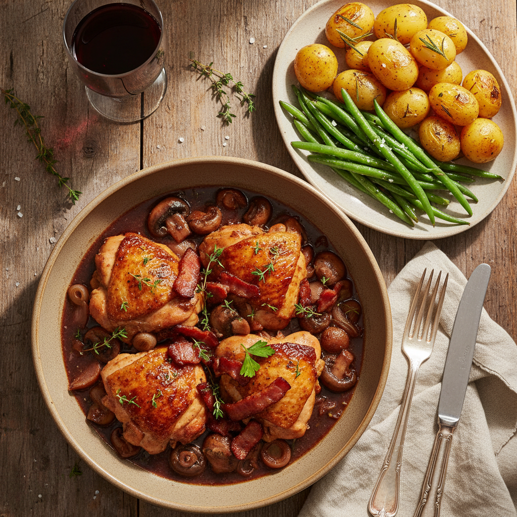 Coq au Vin med Ugnsrostad Potatis och Haricots Verts