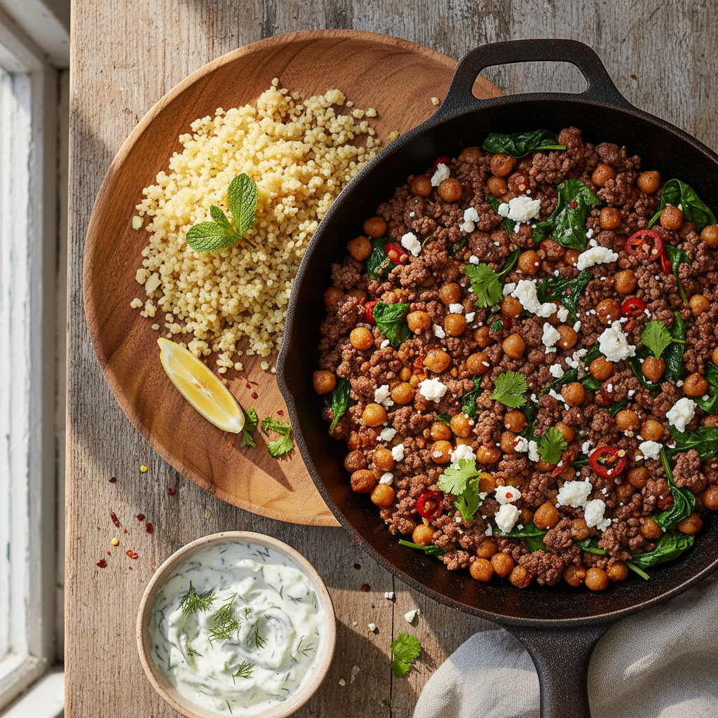Mellanösterninspirerad Köttfärspanna med Kikärtor och Fetaost
