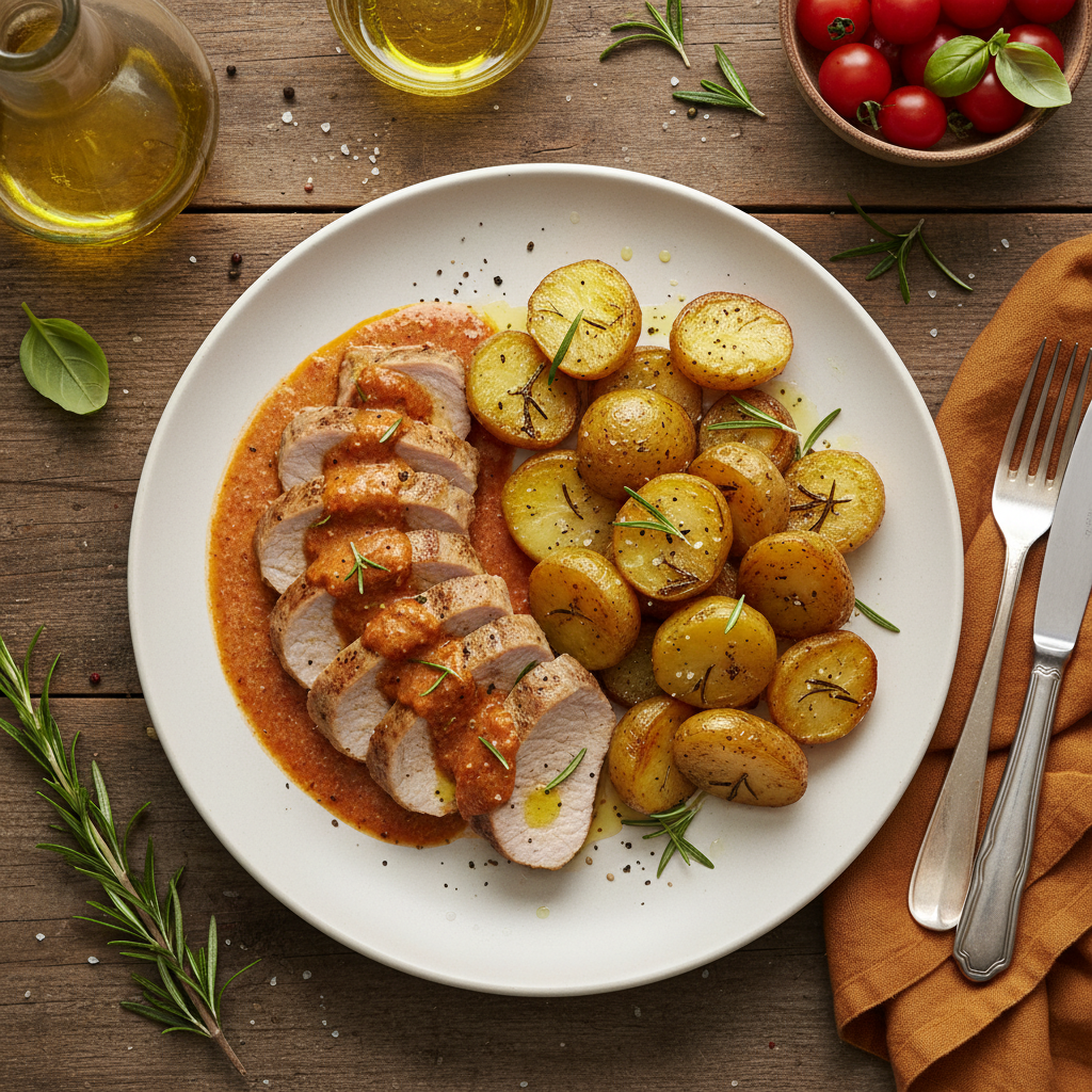 Fläskytterfilé med Krämig Tomatsås och Rosmarinpotatis