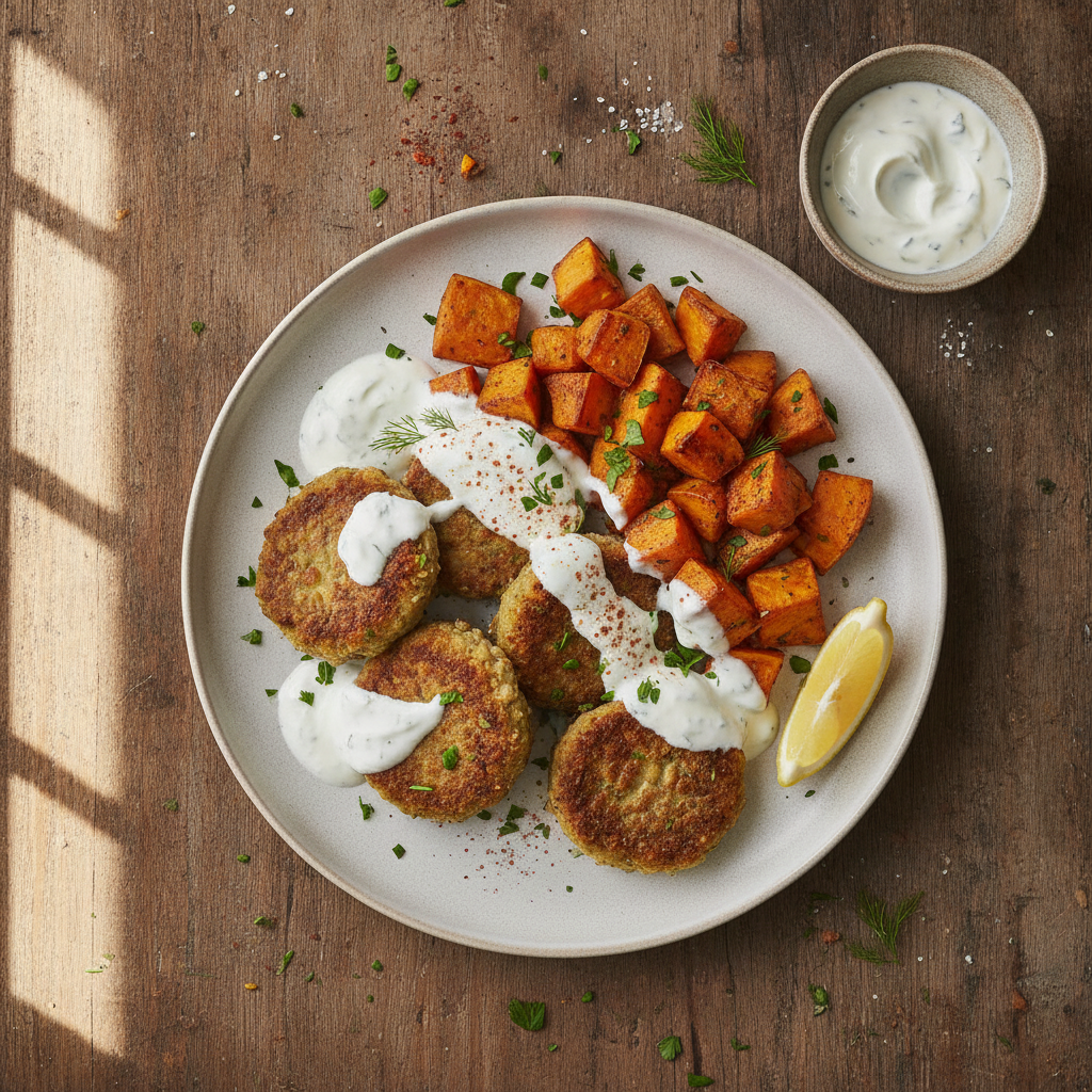 Linsbiffar med Rostad Sötpotatis och Fräsch Yoghurtsås