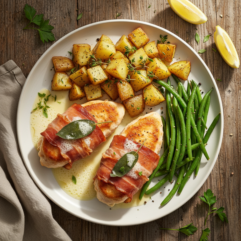 Kyckling Saltimbocca med Rostad Potatis och Haricots Verts