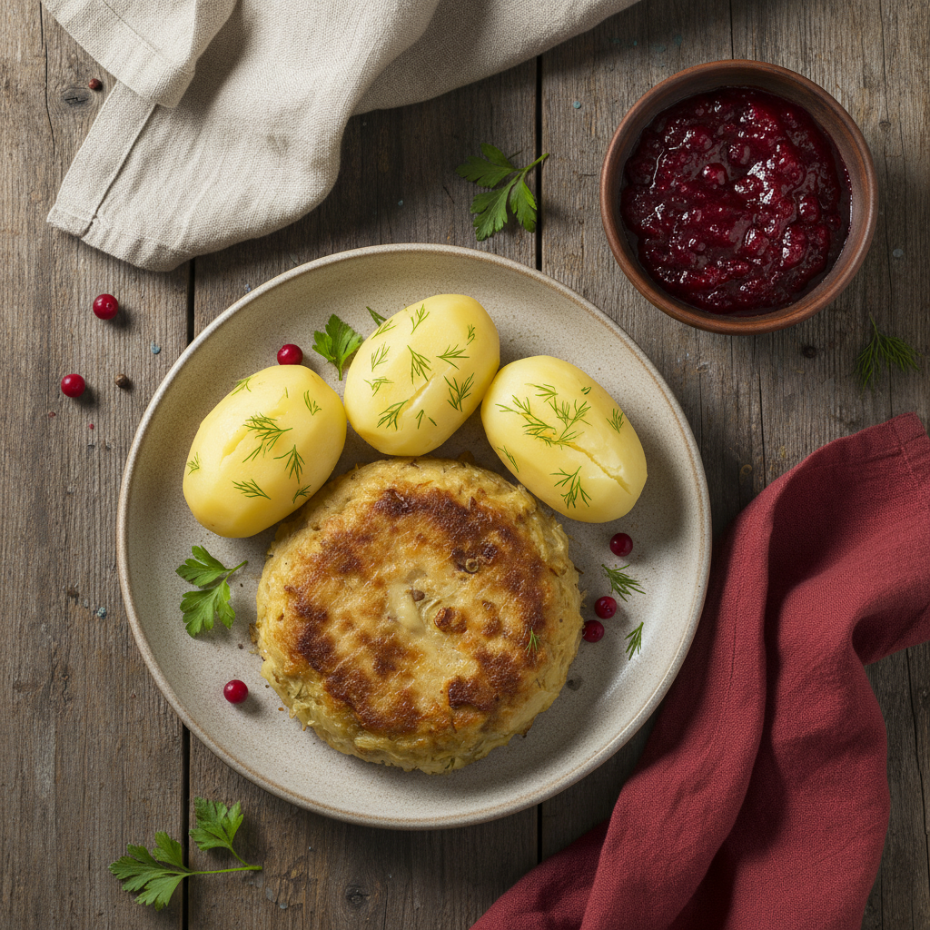 Snabb Kålpudding med kokt potatis och lingonsylt