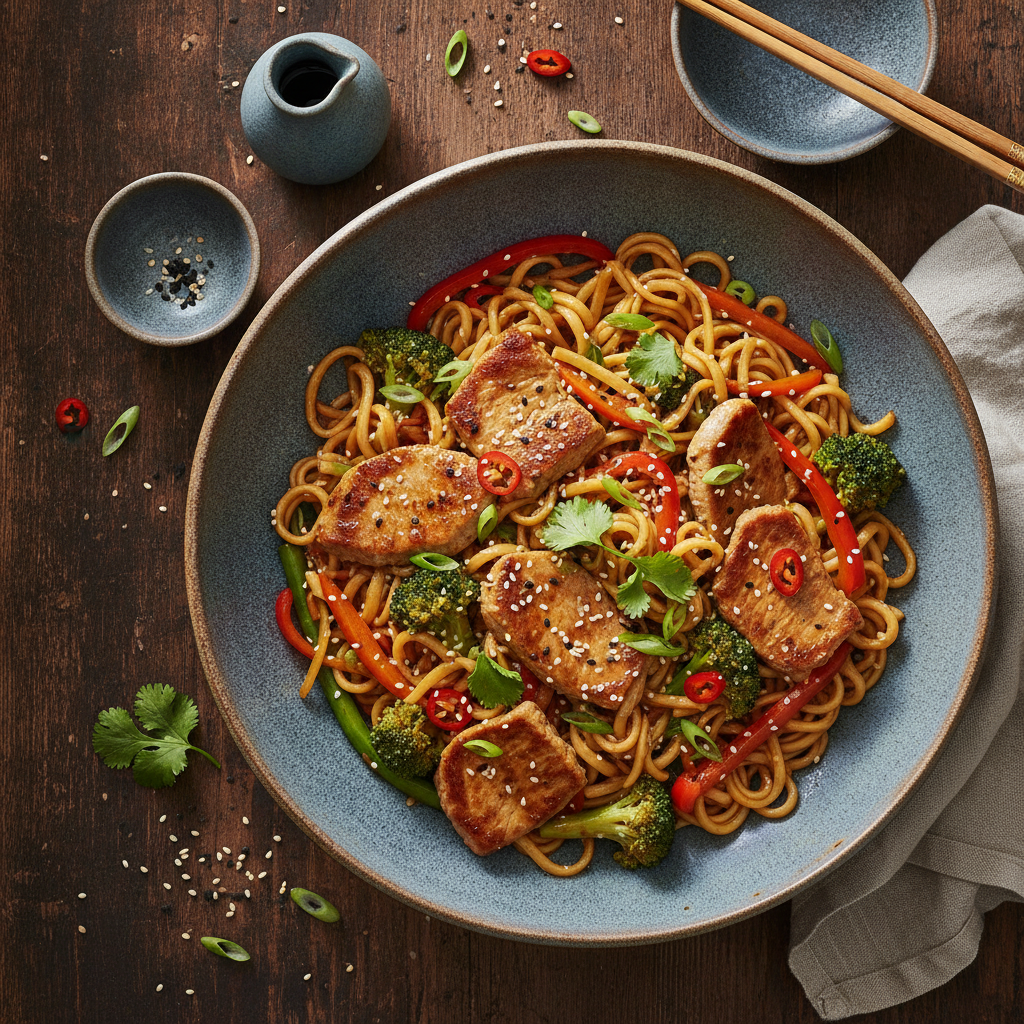 Snabb Fläskfiléwok med Äggnudlar och Broccoli