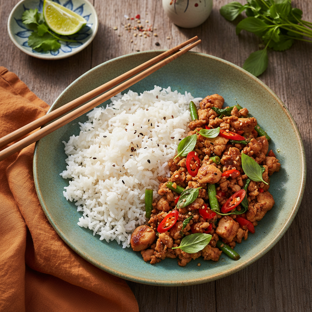 Kryddig Thailändsk Kycklingfärswok med Basilika och Jasminris