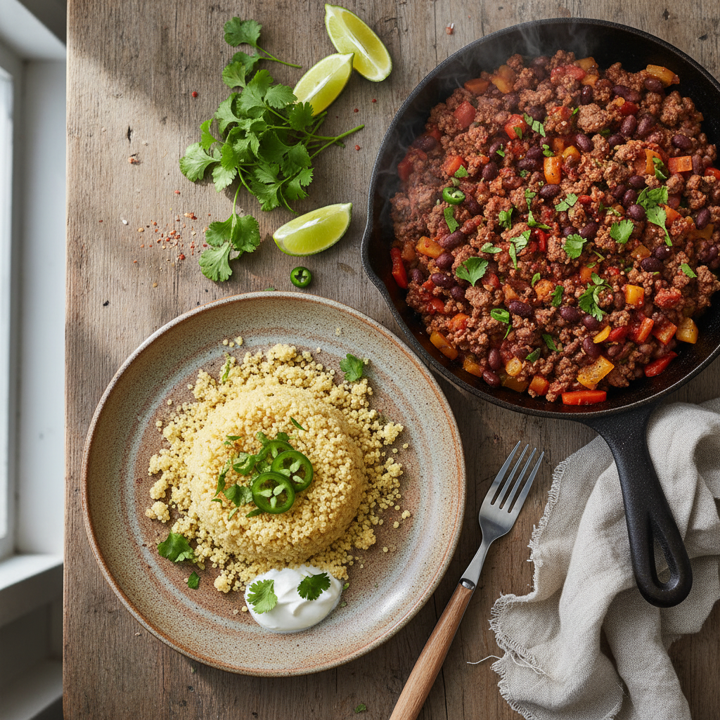 Mexikansk Nötfärs- och Bönpanna med Fullkornscouscous