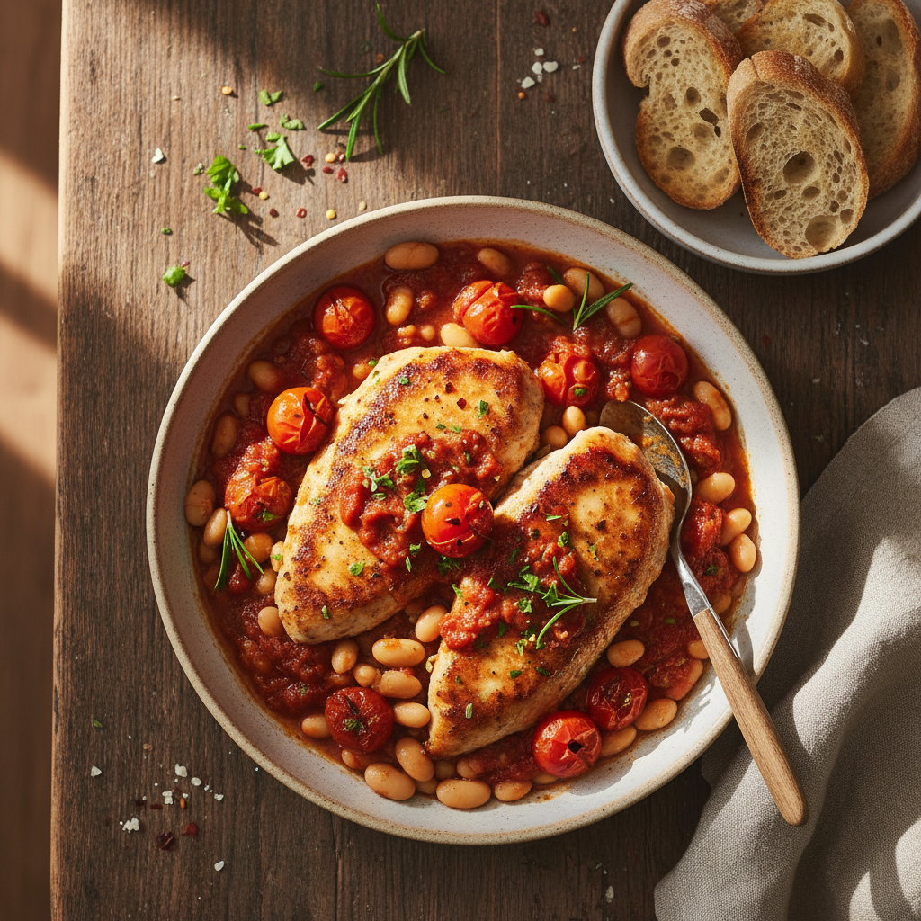 Kycklingfilé med Rosmarintomatssås och Vita Bönor