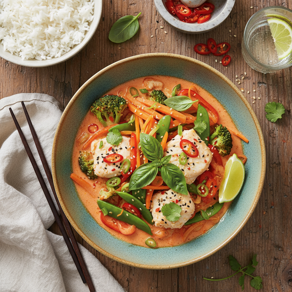 Thailändsk Röd Curry med Vit Fisk och Grönsaker