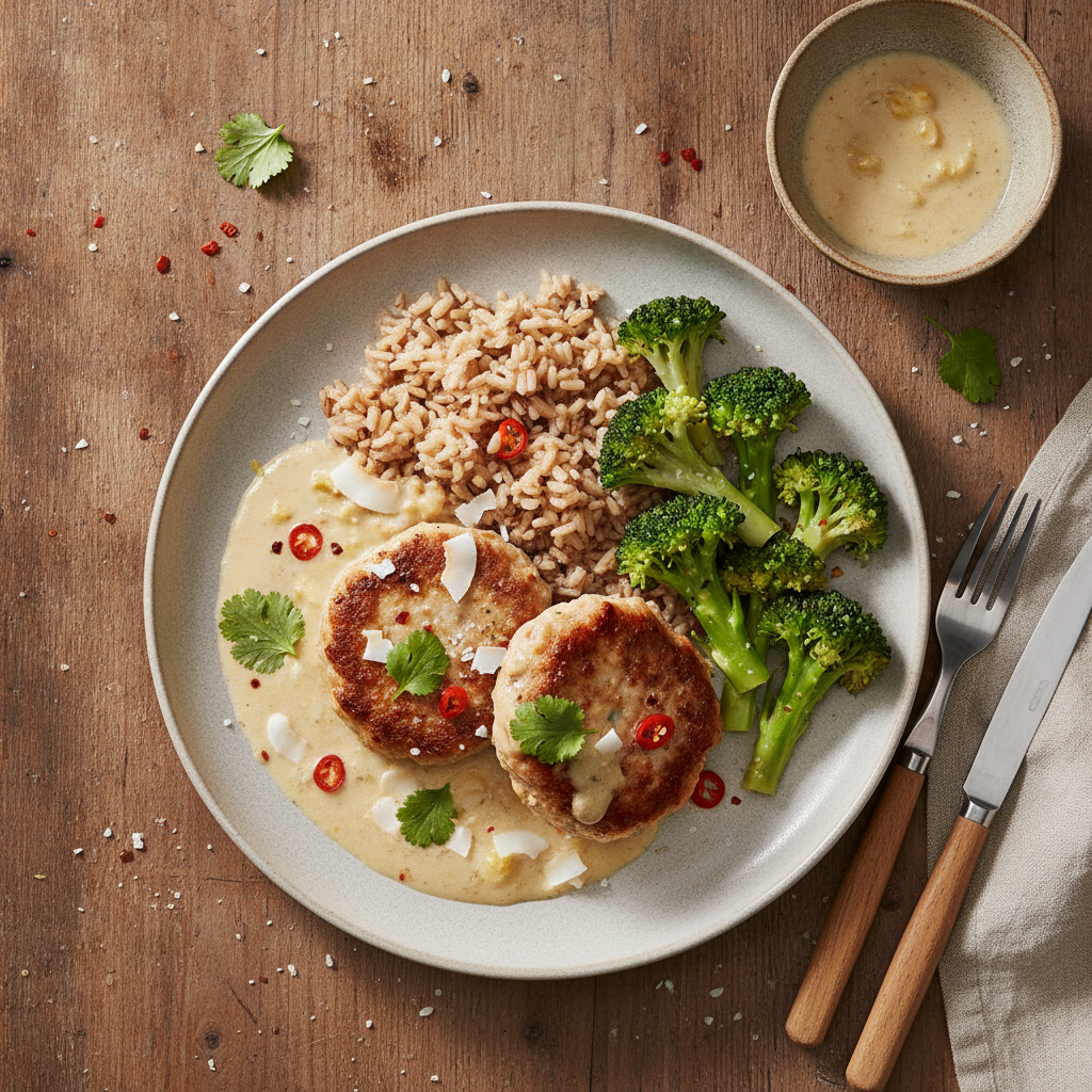 Kalkonfärsbiffar med Krämig Kokossås, Fullkornsris och Ångad Broccoli