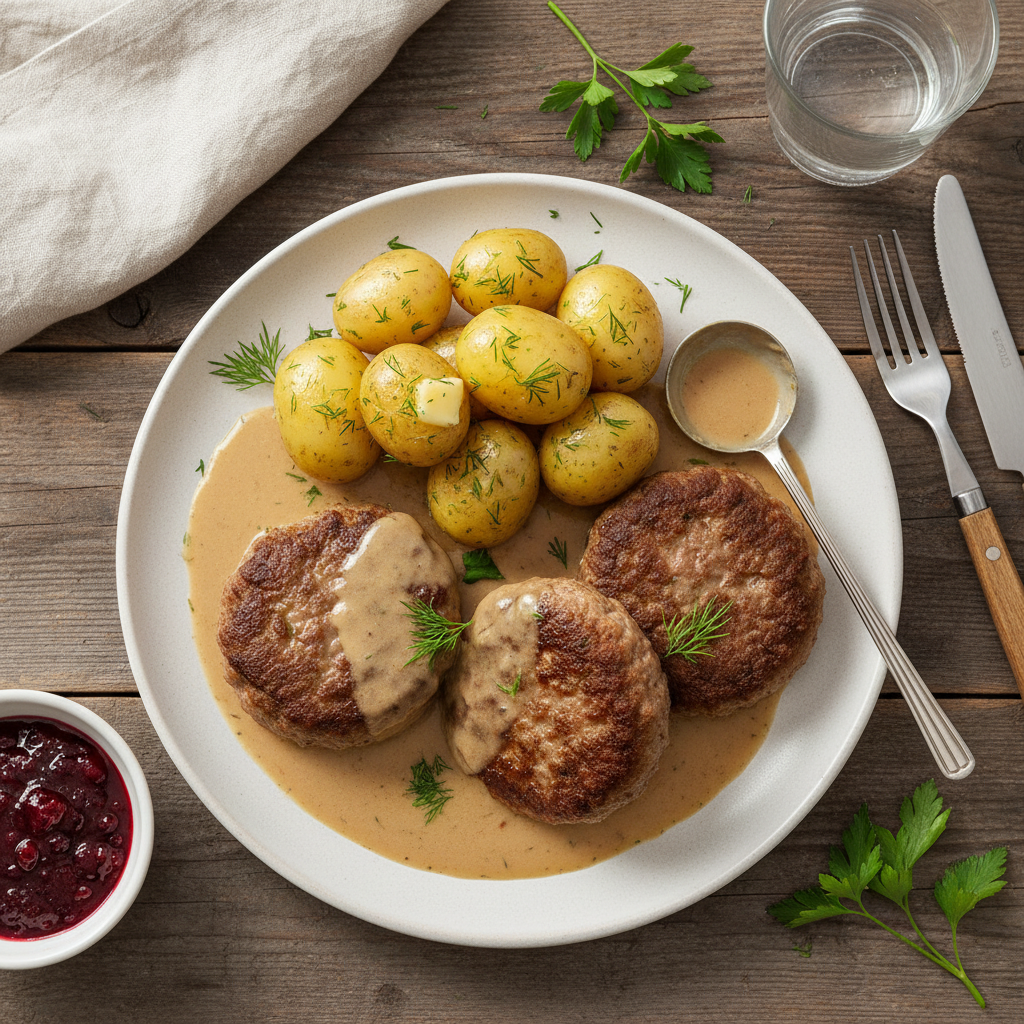 Köttfärsbiffar med Gräddsås och Kokt Potatis