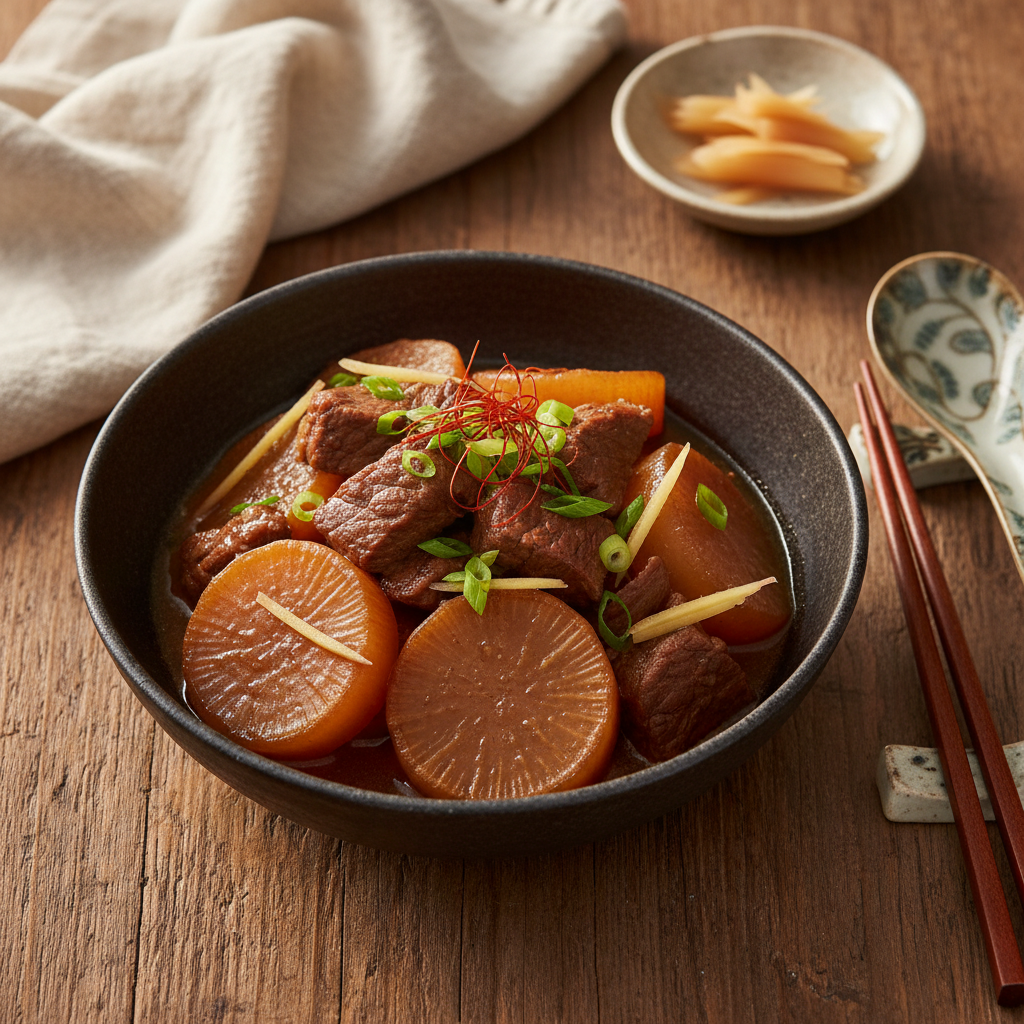 Japansk Bräserad Nötkött med Daikon och Ingefära