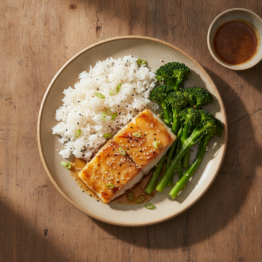 Japansk Misotorsk med Ångad Broccoli och Ris