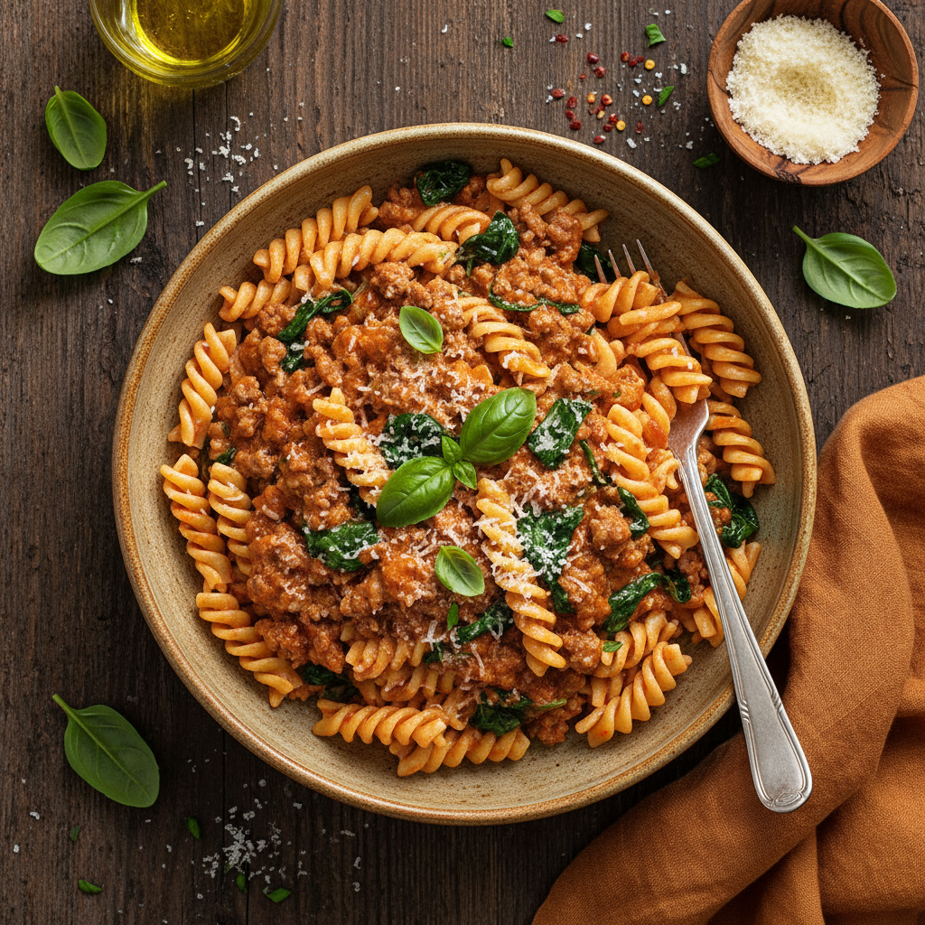 Pasta med Krämig Köttfärssås och Spenat