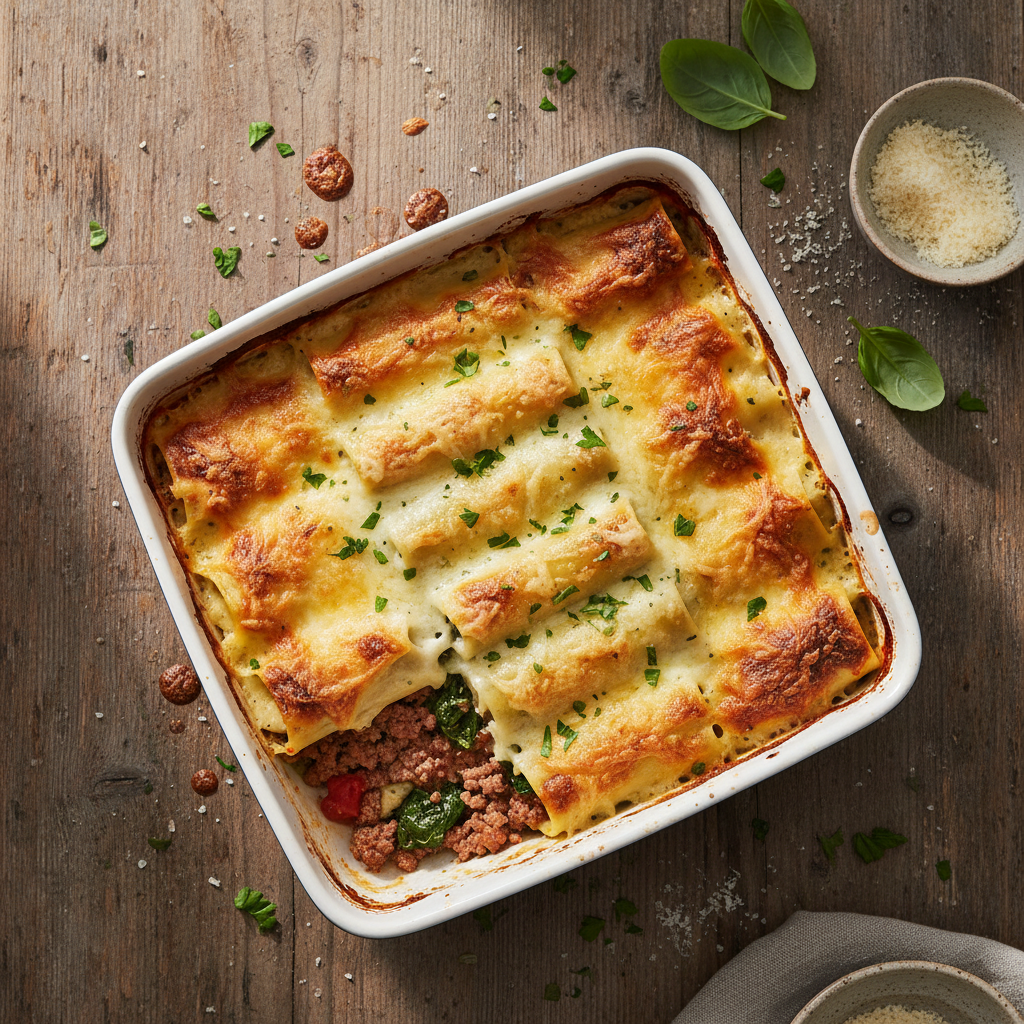 Köttfärsfylld Cannelloni med Krämig Béchamelsås
