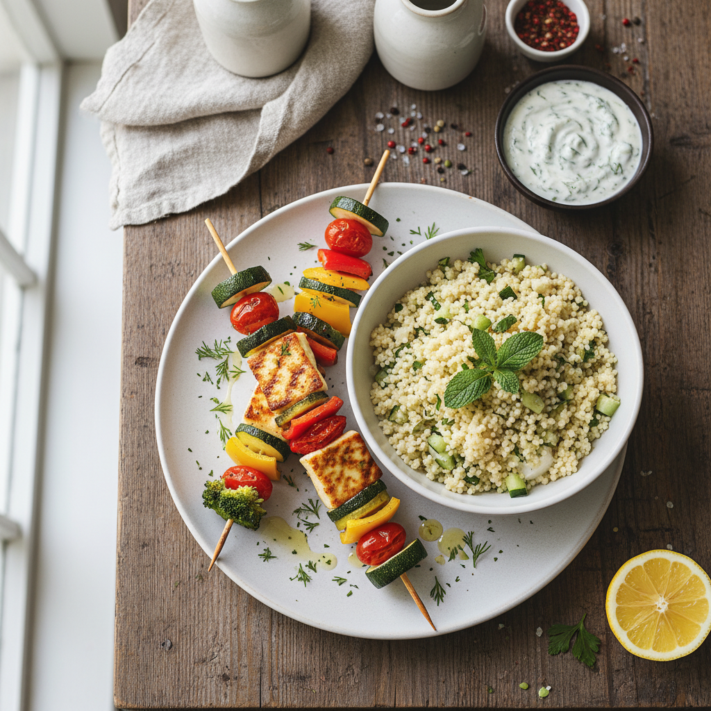 Halloumi- och Grönsaksspett med Couscous