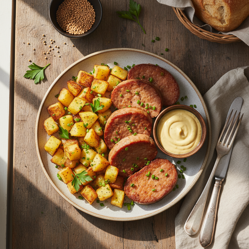 Leberkäse med Stekt Potatis och Senapssås