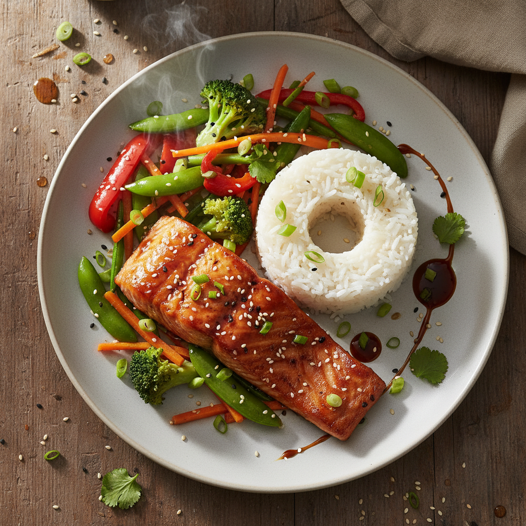 Teriyakilax med Jasminris och Wokade Grönsaker