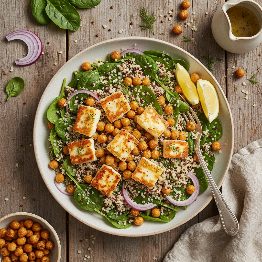 Quinoasallad med Halloumi, Spenat och Kikärtor