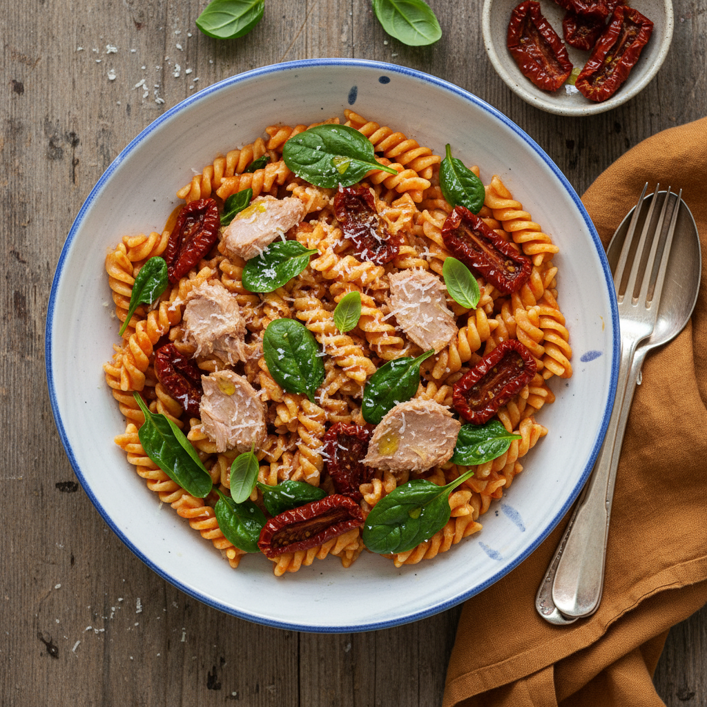 Snabb Tonfiskpasta med Soltorkade Tomater och Spenat