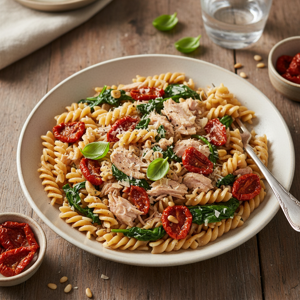 Tonfiskpasta med Soltorkade Tomater och Spenat