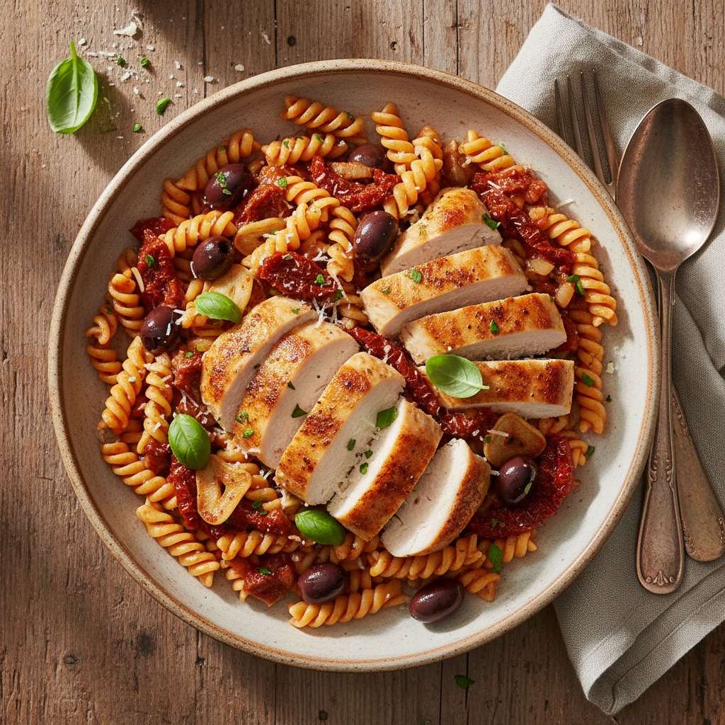 Kyckling i Medelhavssås med Fullkornspasta