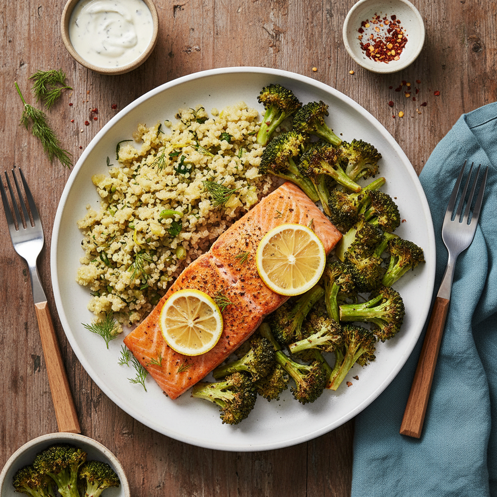Ugnsbakad lax med citron- och dillquinoa och rostad broccoli