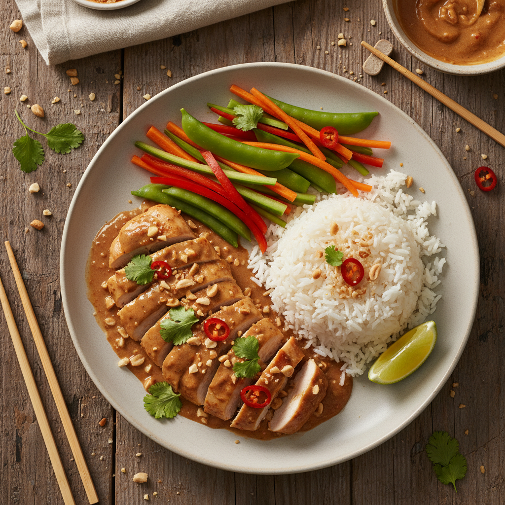 Thailändsk Kyckling med Krämig Jordnötssås och Jasminris