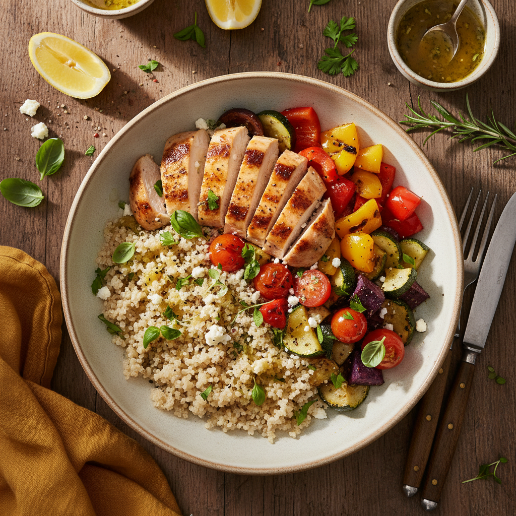 Italiensk Superfood Quinoaskål med Grillad Kyckling och Rostade Grönsaker