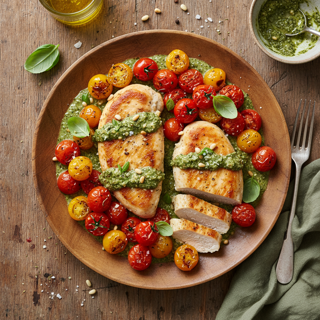 Kycklingfilé med Krämig Pestosås och Rostade Körsbärstomater