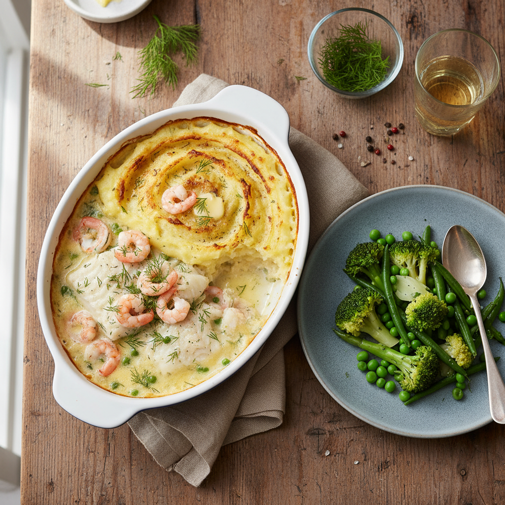 Fiskgratäng med Dill, Räkor och Potatispuré