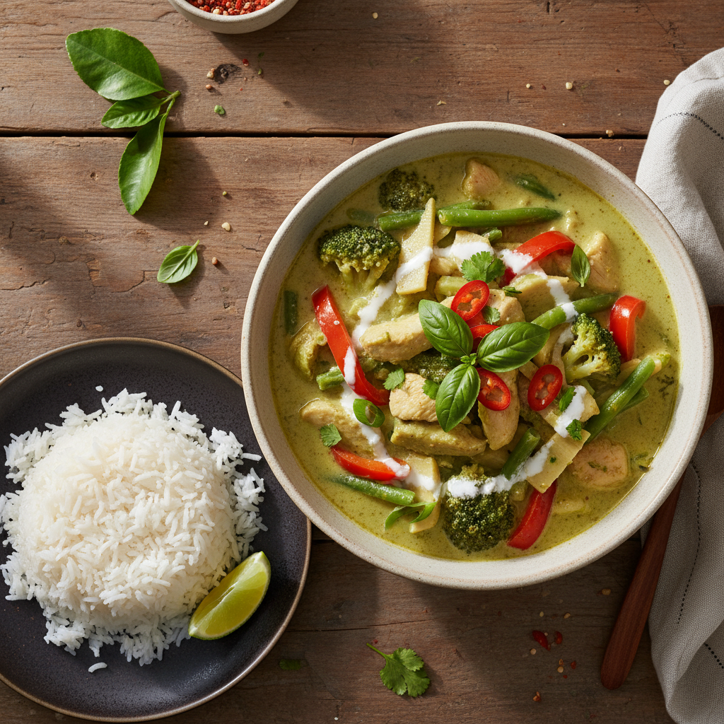 Thailändsk grön curry med kyckling och grönsaker