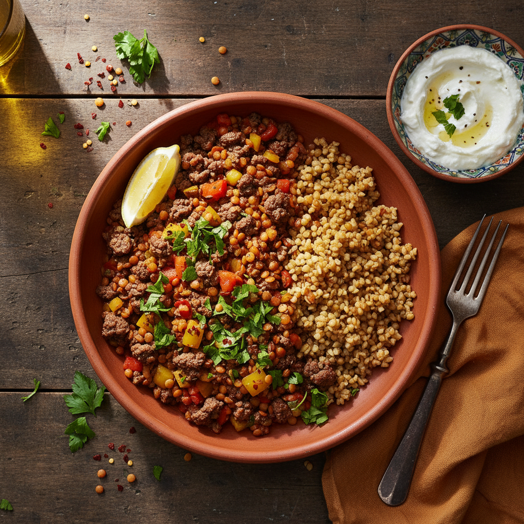 Mellanösterninspirerad Nötfärspanna med Röda Linser och Bulgur