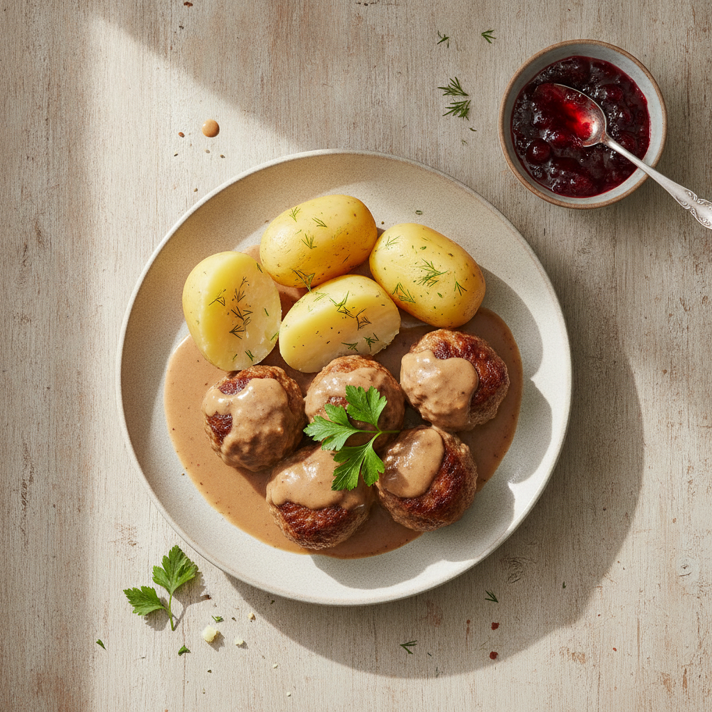 Köttbullar med gräddsås, kokt potatis och lingonsylt
