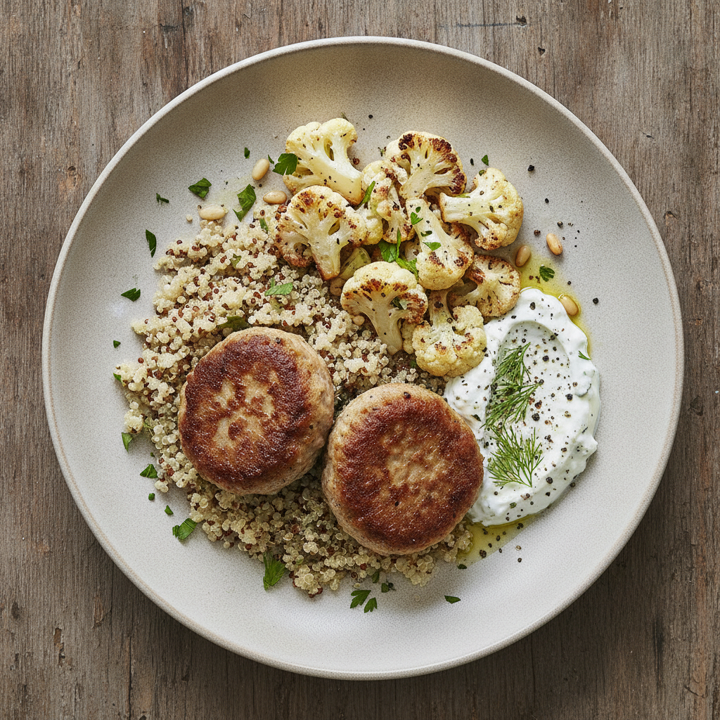 Lammfärsbiffar med Rostad Blomkål, Quinoa och Fetaostkräm