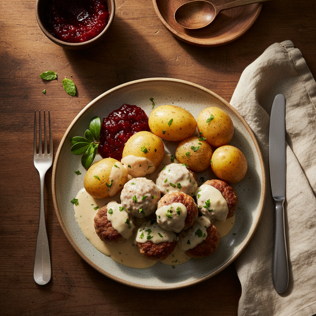 Köttbullar med gräddsås, potatis och lingonsylt