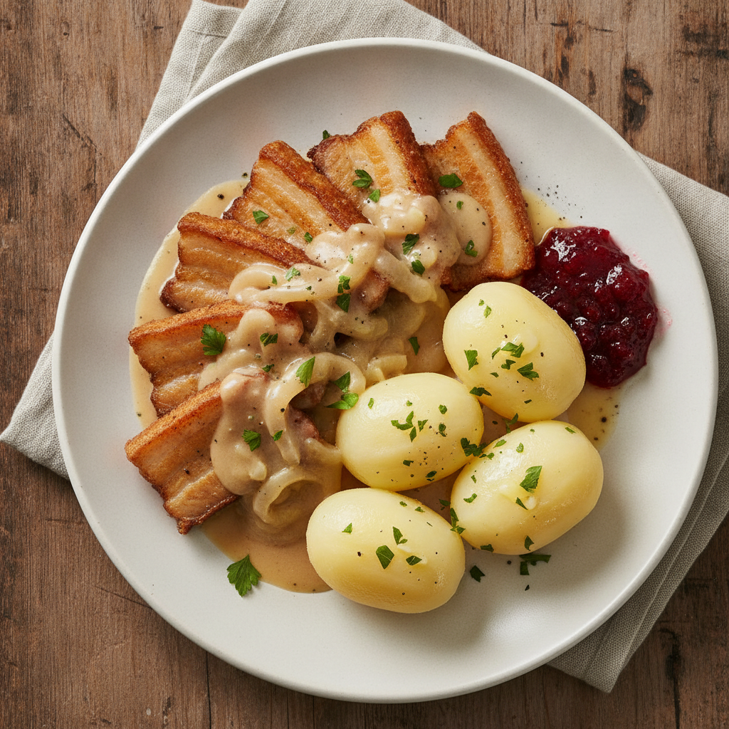 Stekt Fläsk med Krämig Löksås och Kokt Potatis