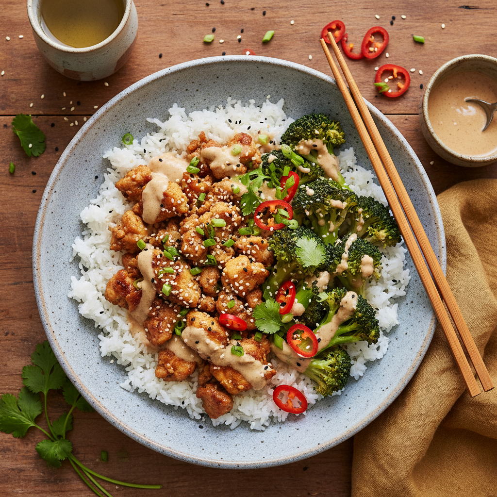 Japansk Kycklingfärs- och Broccoliskål med Sesamdressing