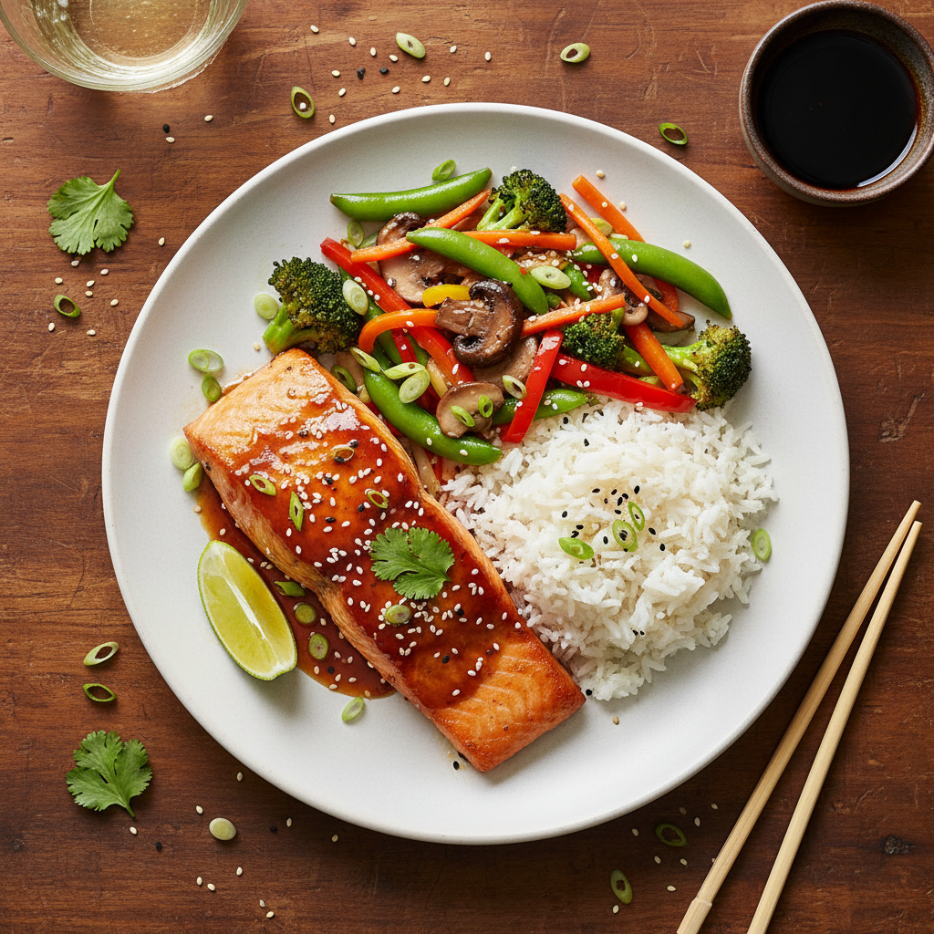 Asiatisk Lax med Snabbwokade Grönsaker och Ris