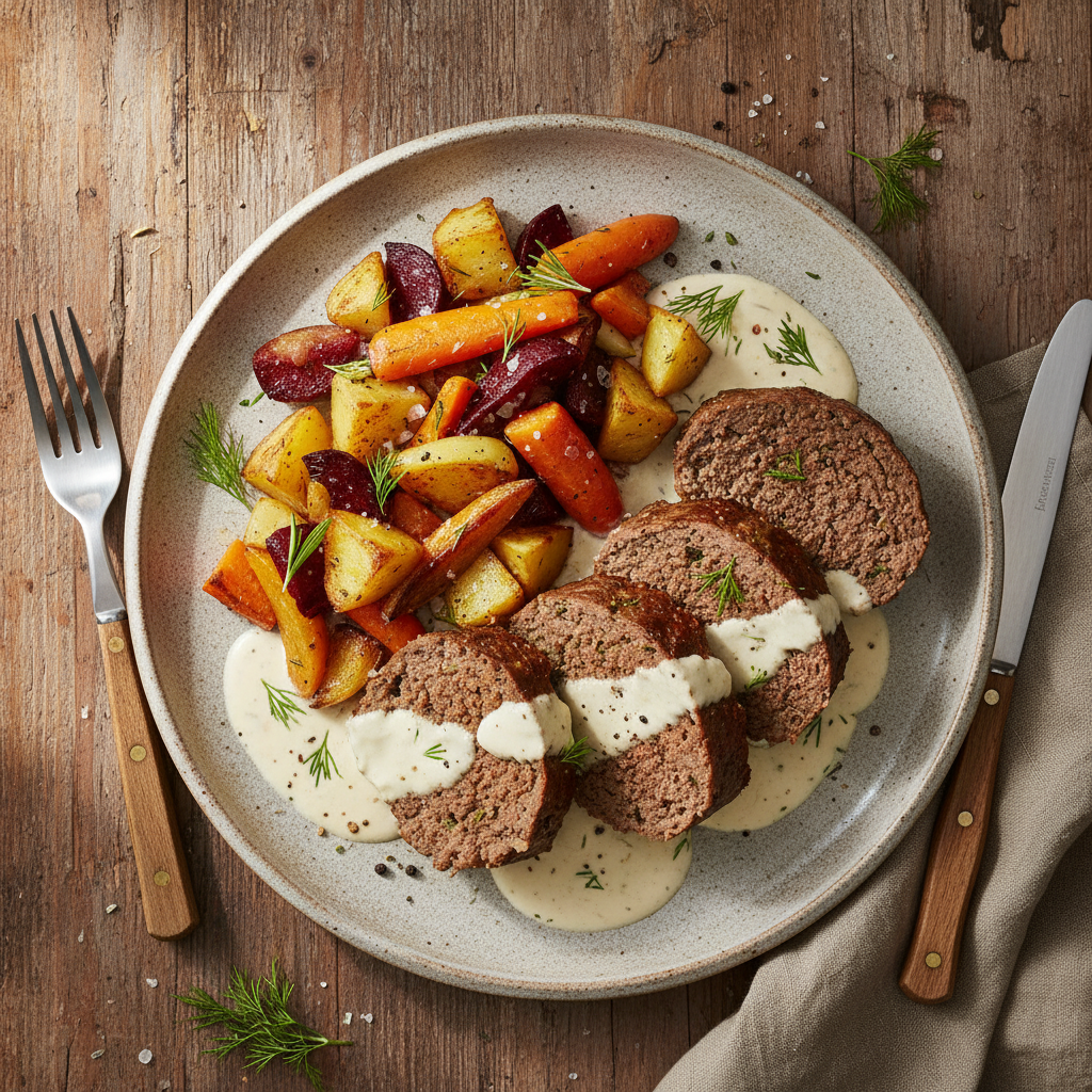 Köttfärslimpa med Rotfruktsrost och Laktosfri Gräddsås