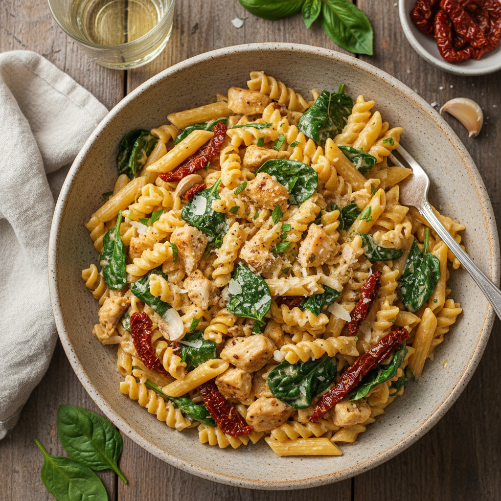Krämig Kycklingpasta med Soltorkade Tomater och Spenat
