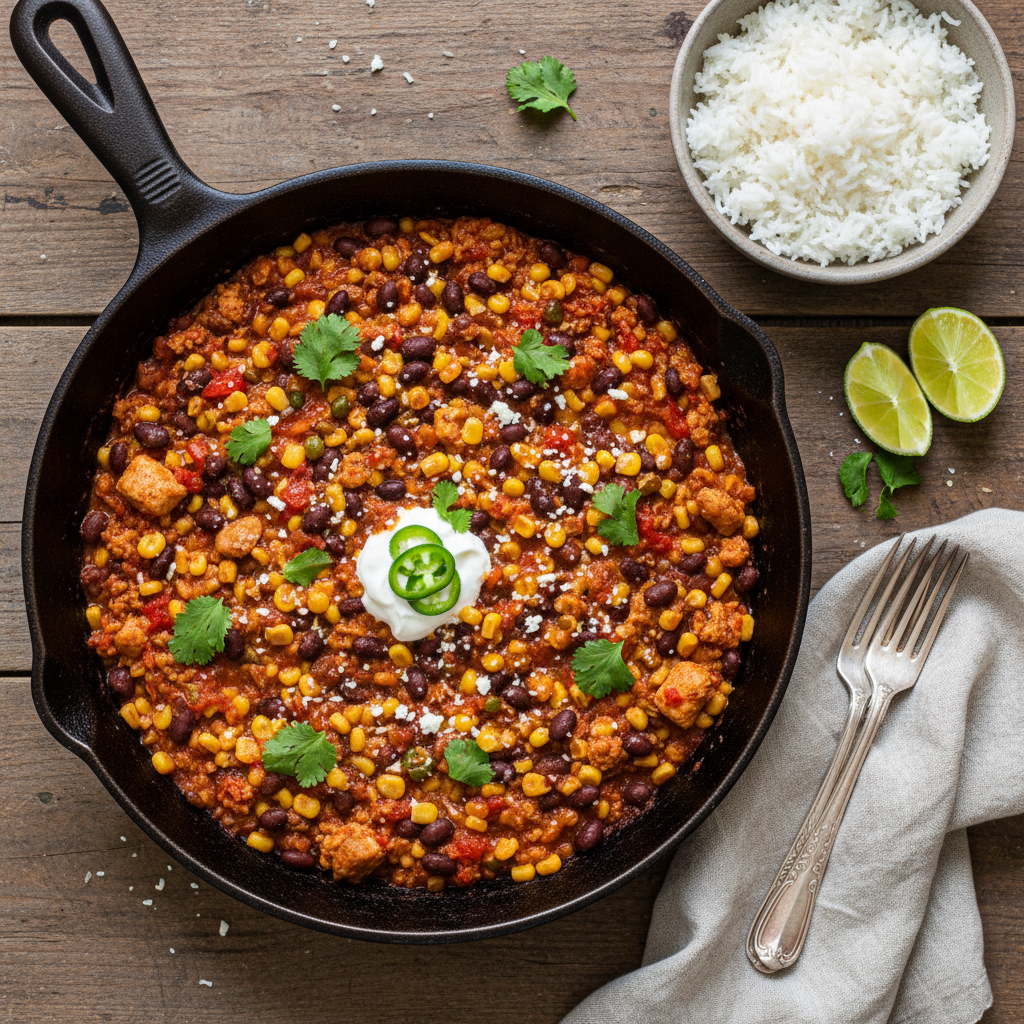Mexikansk Kycklingfärspanna med Svarta Bönor och Majs