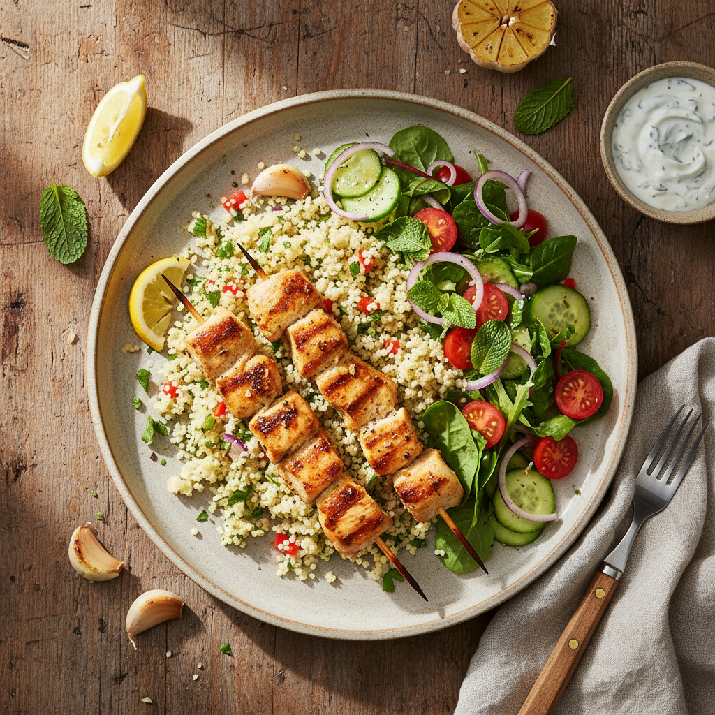 Mellanösterninspirerad Kycklingspett med Citron- och Vitlöksmarinad, Couscous och Fräsch Sallad