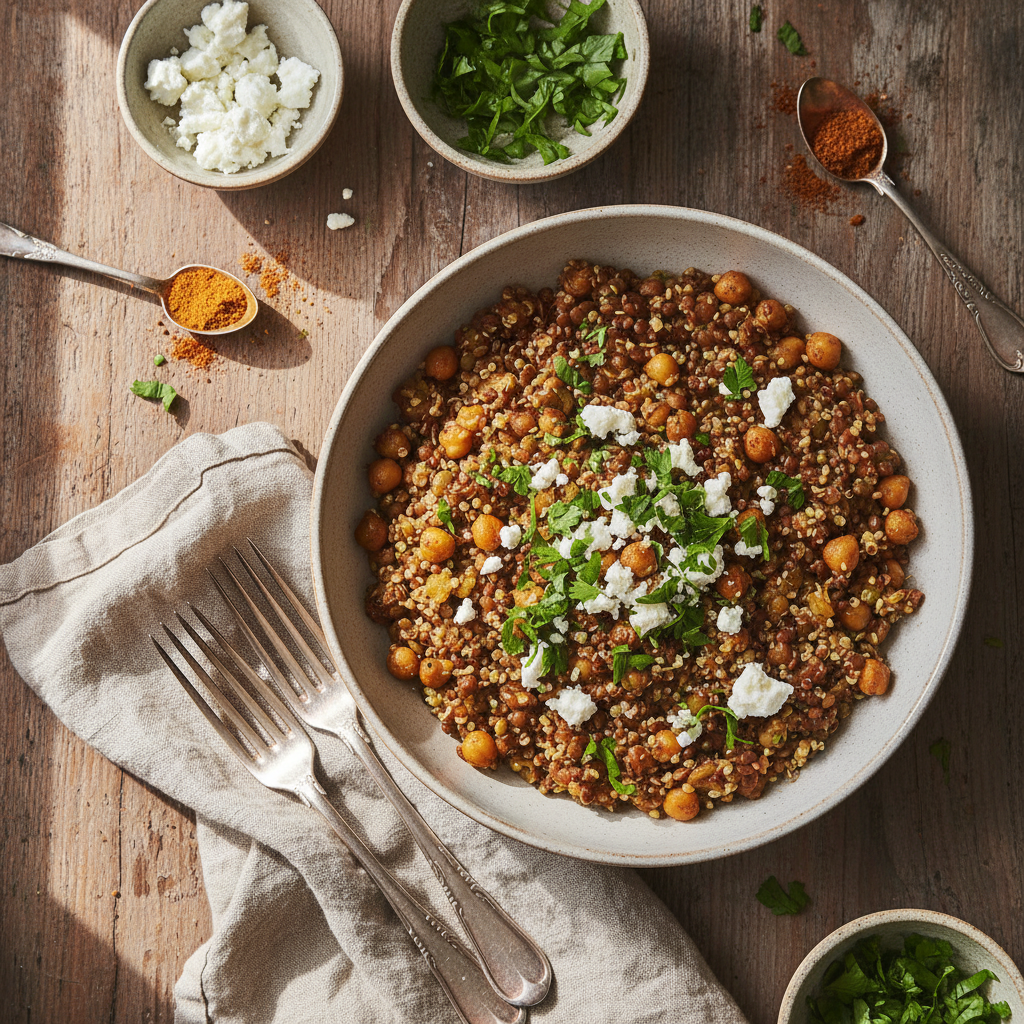 Mellanösterninspirerad Lins- och Kikärtspanna med Quinoa och Fetaost