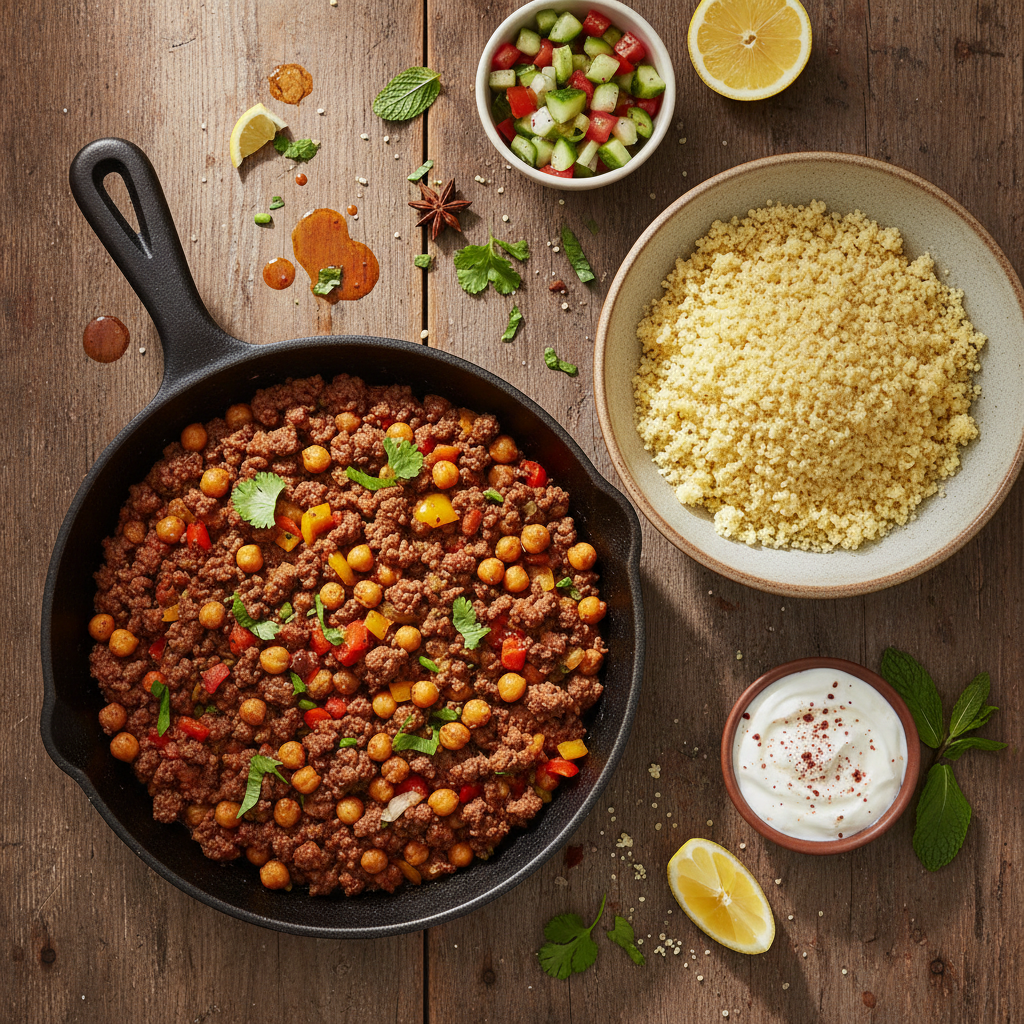 Mellanösterninspirerad Nötfärspanna med Kikärtor och Couscous