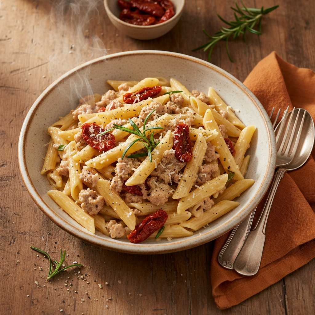 Krämig Kalkonfärspasta med Soltorkade Tomater och Rosmarin