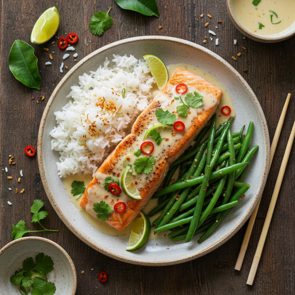 Thailändsk kokos-lime lax med ångade haricots verts