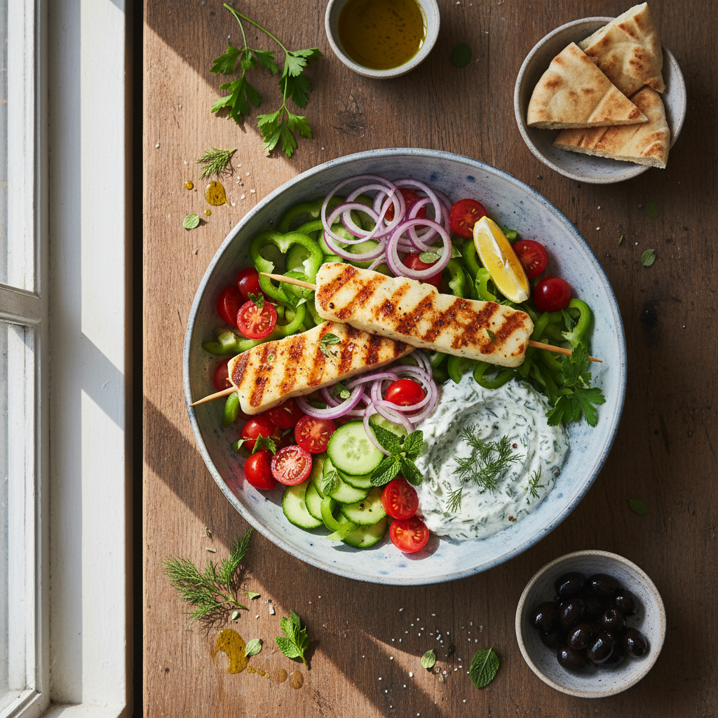 Grekisk Halloumi Souvlaki Skål